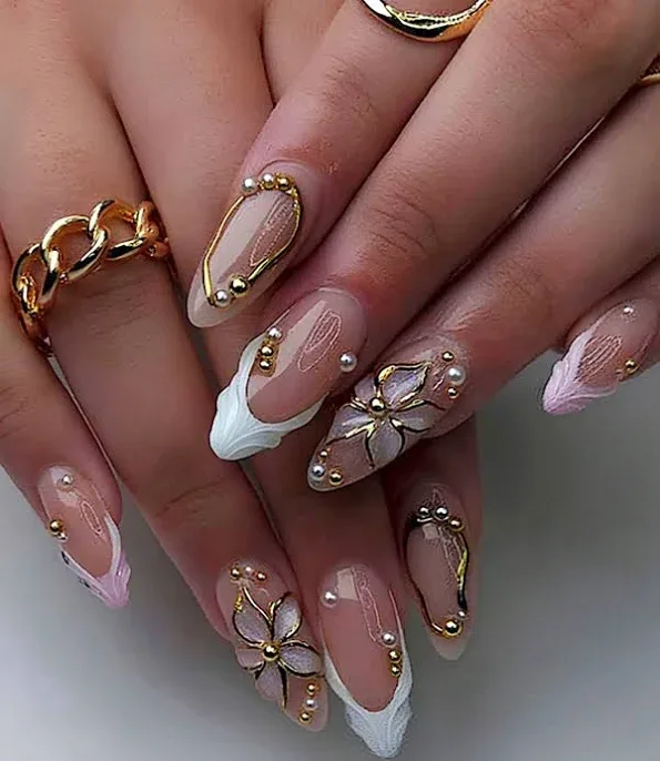 Multicolor French Almond Press-On Nails Acrylic Designs French Tip Fall 24pcs Medium Floral 3D Chrome Metal Gold Bead De