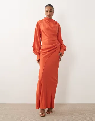 ASOS DESIGN Tall high neck draped maxi dress with draped skirt in orange