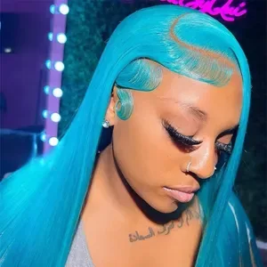 Sky Blue Straight Colored Wig Transparent 13X4 13X6 220 Density Lace Frontal Human Hair Wigs Milk Blue Lace Soft Wig Pre
