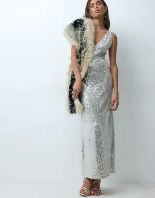 ASOS DESIGN sequin scooped plunge sequin maxi dress in silver