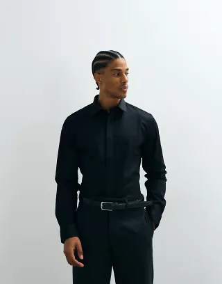 ASOS DESIGN slim stretch sateen shirt in black
