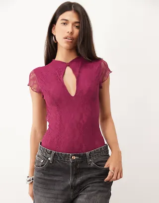 ASOS DESIGN lace bodysuit with flutter sleeves in burgundy