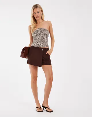 Pieces wrap front denim skort in coffee brown