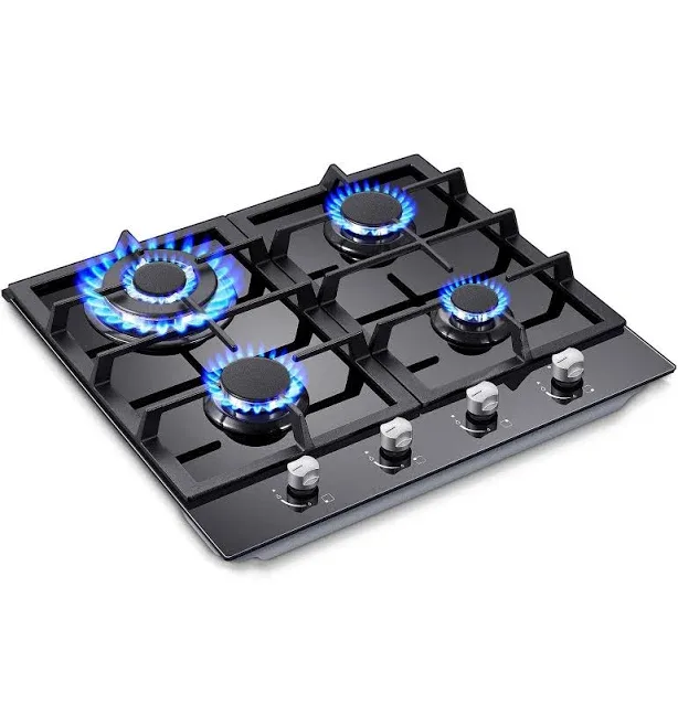 4-Burners 24in Kitchen Gas Cooktop Dual Burners NG/LPG Tempered Glass Gas Hob | Easy Clean | 120 V | Mechanical Control