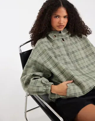 ASOS DESIGN casual harrington jacket with funnel neck in green check