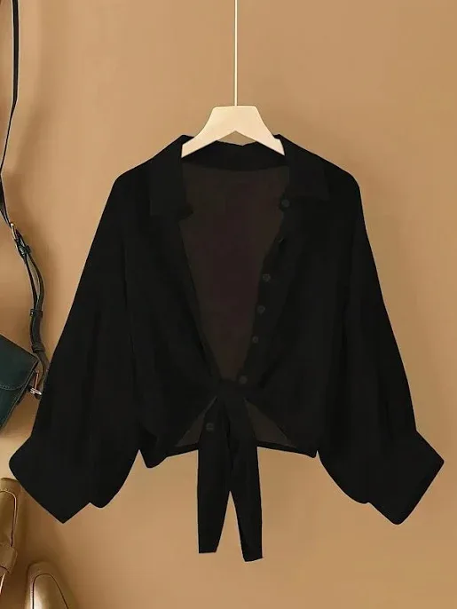 Resyla New Bat Wing Lightweight Sheer Collarless Cropped Cardigans, Women Casual Plain Color Shirt,XS