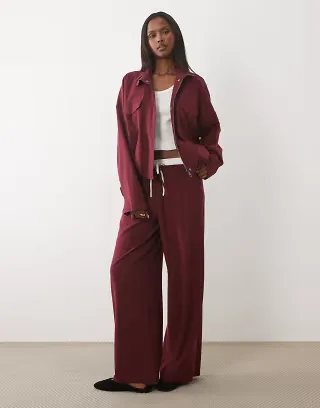 Kaiia exclusive funnel neck pocket detail cinched waist tactical bomber jacket and pants set in burgundy