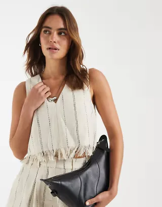 ASOS DESIGN Tailored fringe hem v neck shell top in neutral stripe