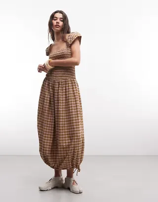 COLLUSION shirred cap sleeve midi dress in textured green plaid