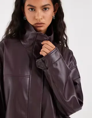 ASOS DESIGN leather look funnel track bomber jacket in chocolate plum