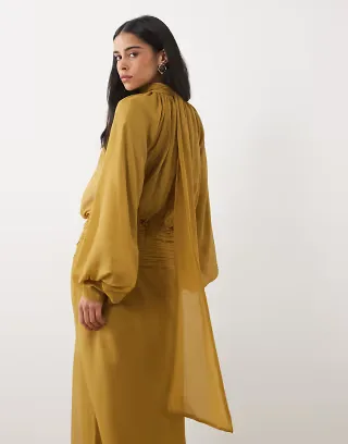 ASOS DESIGN high neck drape chiffon maxi dress with neck tie in ochre