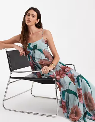 ASOS DESIGN chiffon strappy maxi dress with deep godets in red and blue floral