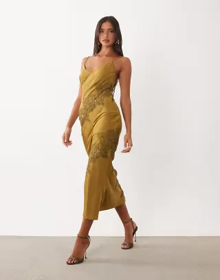 ASOS DESIGN lace applique satin maxi slip in olive green