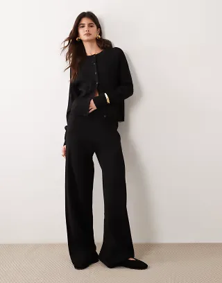 ASOS DESIGN compact knit boxy cardigan & straight leg pants set in black