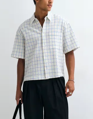 ASOS DESIGN boxy oversized seersucker windowpane check shirt in ecru
