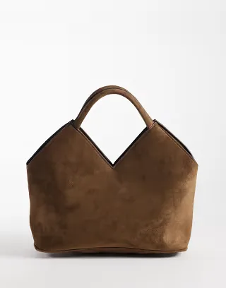Pieces suede-look angular shoulder bag in chocolate brown