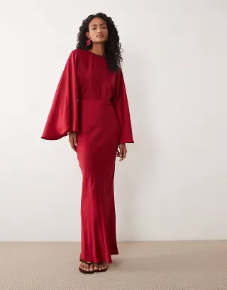 ASOS DESIGN matte satin batwing bias waisted maxi dress in red