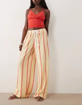 ASOS DESIGN drawstring texture wide leg pants in yellow striped print