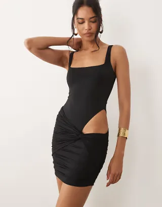 Oh Polly square neck cut out detail wrap skirt mini dress in black
