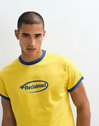 Reclaimed Vintage contrast ringer slogan t-shirt in yellow
