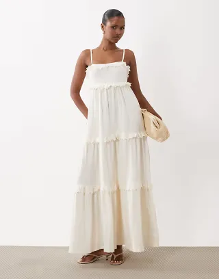 ASOS DESIGN lace trim tiered crinkle cami midi dress in cream