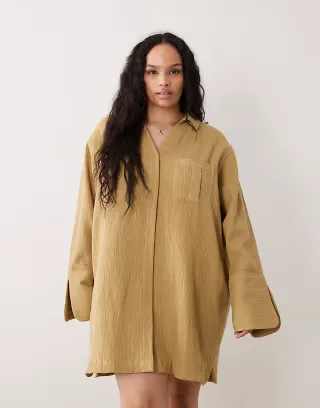 ASOS DESIGN Curve double cloth mini shirt dress with wide cuffs and oversized pockets in toasted sage