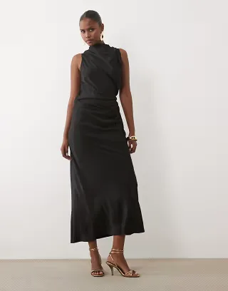 ASOS DESIGN pleated gathered bodice satin midaxi dress with high neck in black