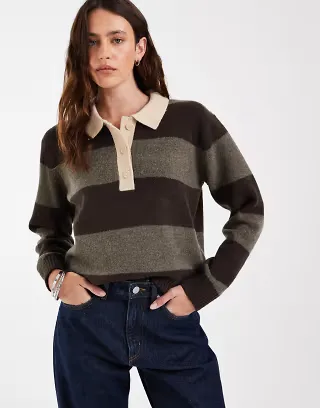 JJXX long sleeve knit polo with stripes in brown