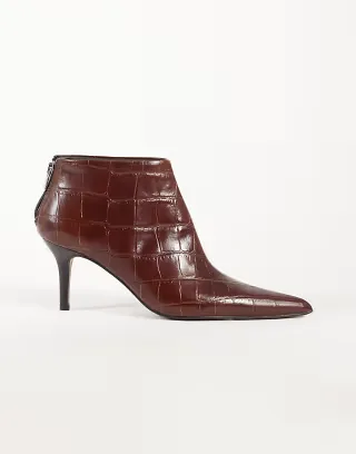 ASOS DESIGN River premium leather pointed heeled ankle boot in brown croc