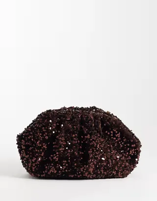 True Decadence embellished sequin pillow clutch in chocolate brown