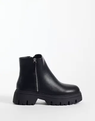 SEQWL Wide Fit Twirl chunky zip detail boots in black