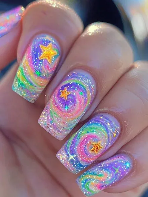Multicolor 3D Press On Nails Acrylic Designs Long C-Curve Super Glossy Gradient Geometry Stripe Star Cartoon Cute Y2K AB