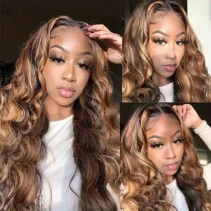 HD Lace Front Brazilian Human Hair Wig, 13x4 Transparent Lace, Long Straight 32 Inch, Black with Blonde Highlights, Synt