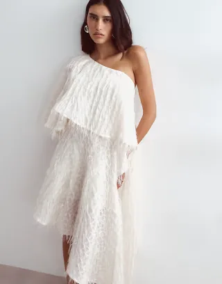 ARRANGE one shoulder textured fringe asymmetric dress in cream