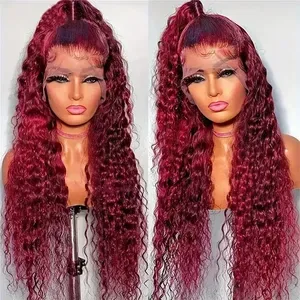 13x6 and 13x4 HD Curly Human Hair Wigs, Wine Red Brazilian Remy Deep Wave, Full Lace Front Synthetic Wig, 180% Density,