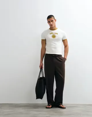 ASOS DESIGN loose elasticated trouser with pleat in brown herringbone