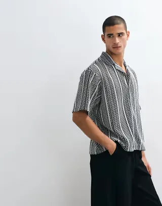 ASOS DESIGN boxy oversized camp collar crochet shirt in black