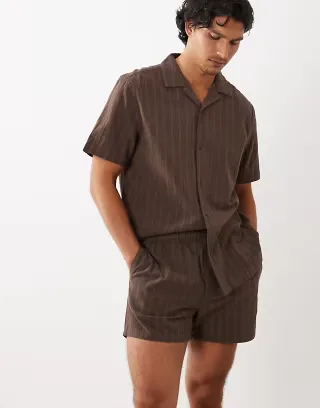 ASOS DESIGN swim shorts and shirt set in brown stripe