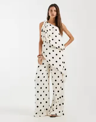 ASOS DESIGN satin wide leg pants in cream polka dots - part of a set