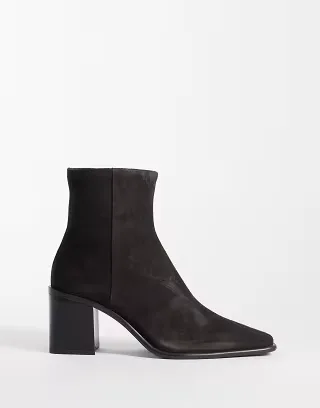Mango 100% leather pointed heeled ankle boot in chocolate