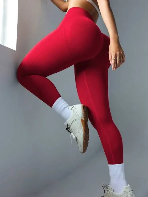 Red Seamless High Waist Leggings Women's Gym Tight Fit Yoga Pants Sporty Compression Athletic Activewear Hiking Trekking