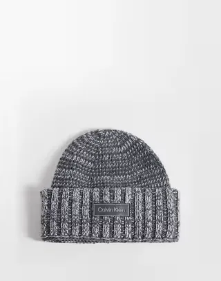 Calvin Klein heathered beanie with leather patch in gray