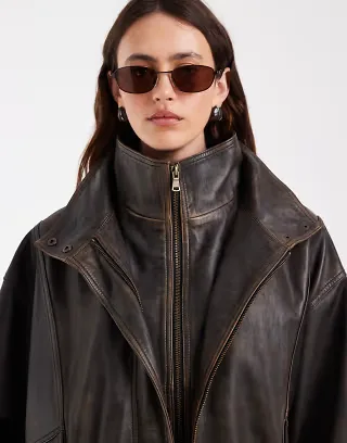 ASOS DESIGN double layered real leather bomber jacket in washed brown