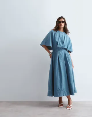 ARRANGE cinched waist denim midi dress in mid wash blue