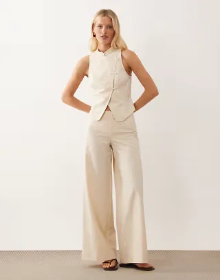 ASOS DESIGN linen blend tie detail low rise pants in ivory - part of a set