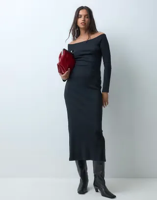 ASOS DESIGN off shoulder rib midi dress in black
