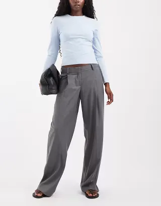 JJXX low waisted wide leg tailored pants in dark gray