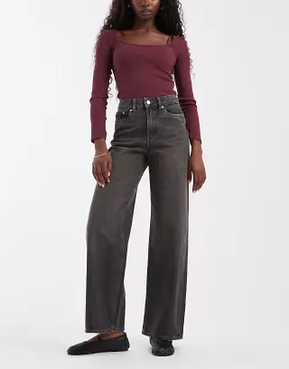 JJXX Tokyo high waisted wide leg jeans in washed black