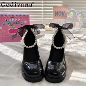 Summer Green Leather Mary Jane Pumps - Waterproof Chunky Platform High Heels with Bowknot for Girls - Small Size Single