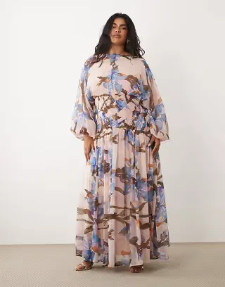 ASOS DESIGN Curve long sleeve blouson maxi dress with gauged ruched waist detail in romantic floral print